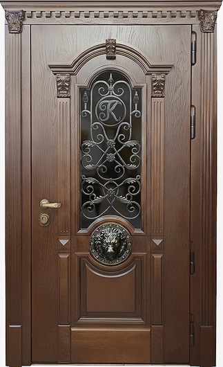 Стальная непромерзающая термодверь МДФ шпон с ковкой, стеклом, декором «львиная голова» и капителями